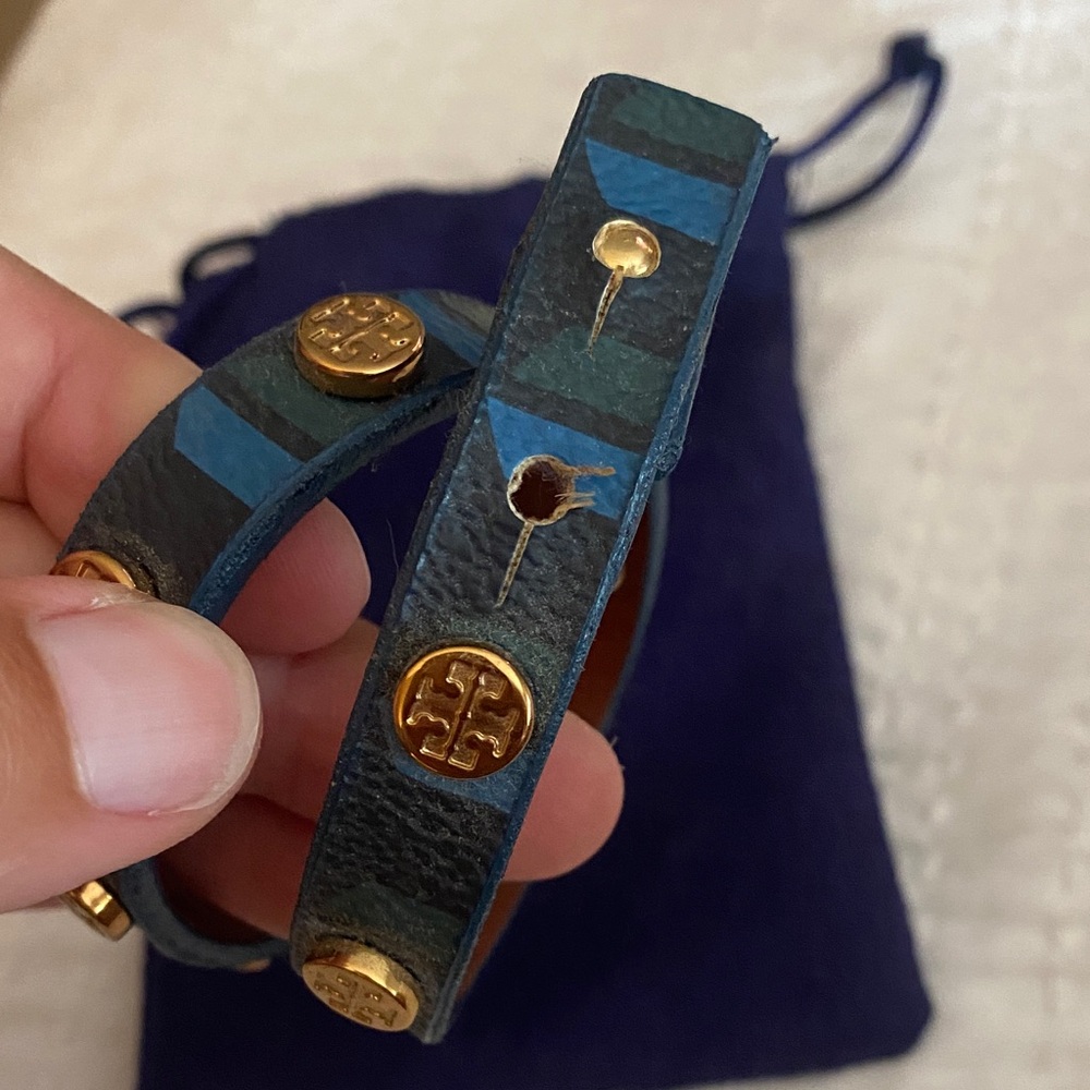 Tory Burch Teal Leather Wrap Bracelet with Gold Accents - Picture 2 of 4